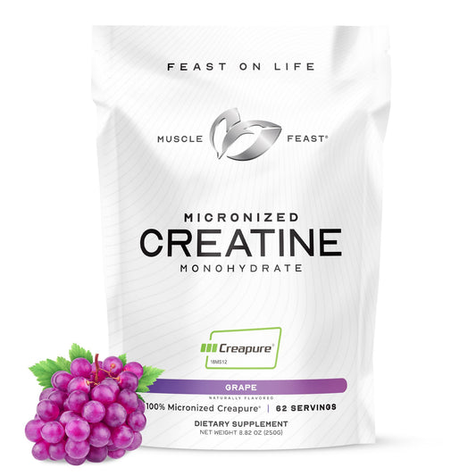 Muscle Feast Creapure bottle front with grape flavor and 250g size