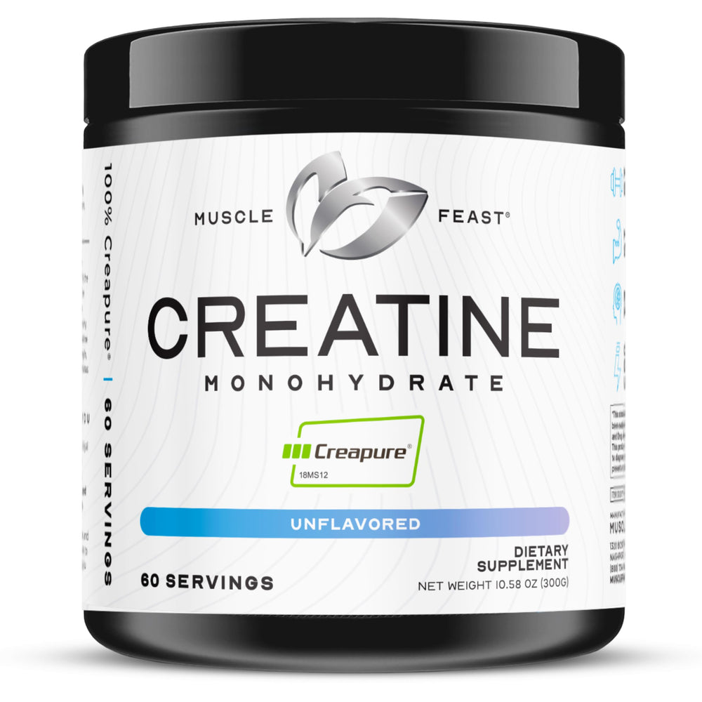 Muscle Feast Creapure creatine powder in a jar for high intensity training