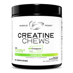 Muscle Feast Creatine Chews bottle front for vegan, gluten-free energy during workouts.
