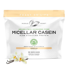 Muscle Feast grass-fed micellar casein vanilla bottle for overnight recovery