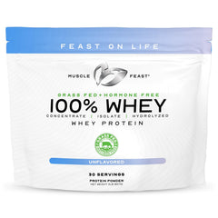 Muscle Feast grass-fed whey blend in a bag, highlighting pasture-raised quality.