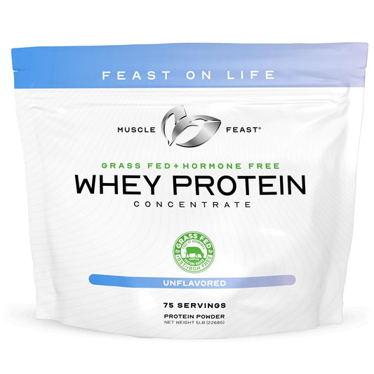 Muscle Feast grass-fed whey concentrate powder bag highlights natural ingredients for clean fueling.