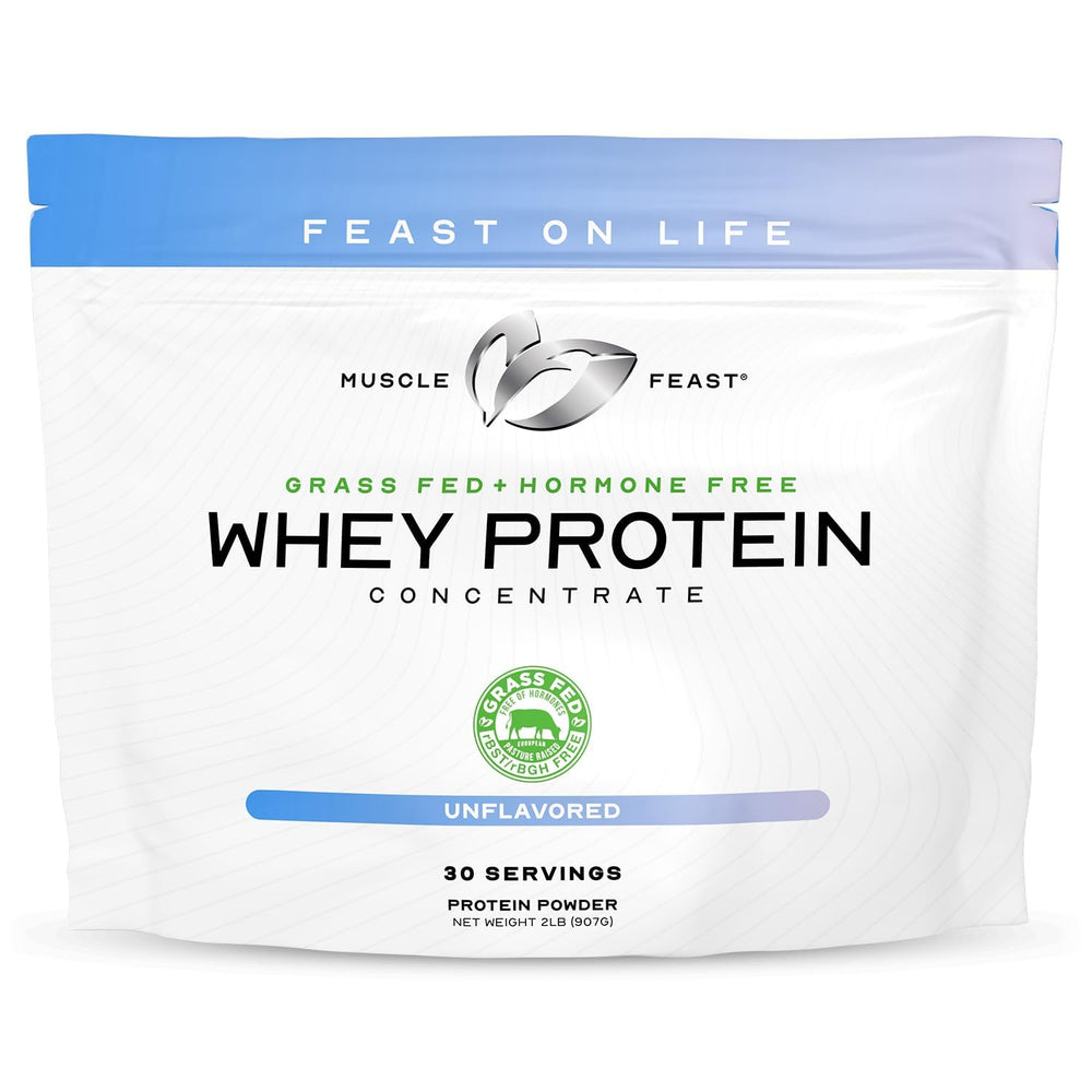 Muscle Feast grass-fed whey concentrate powder in a bag highlighting pasture-raised quality for clean protein.