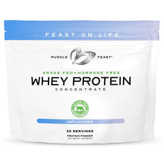 Muscle Feast grass-fed whey concentrate powder in a bag highlighting pasture-raised quality for clean protein.