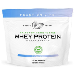 Muscle Feast grass-fed whey concentrate powder bag highlights natural ingredients for clean fueling.