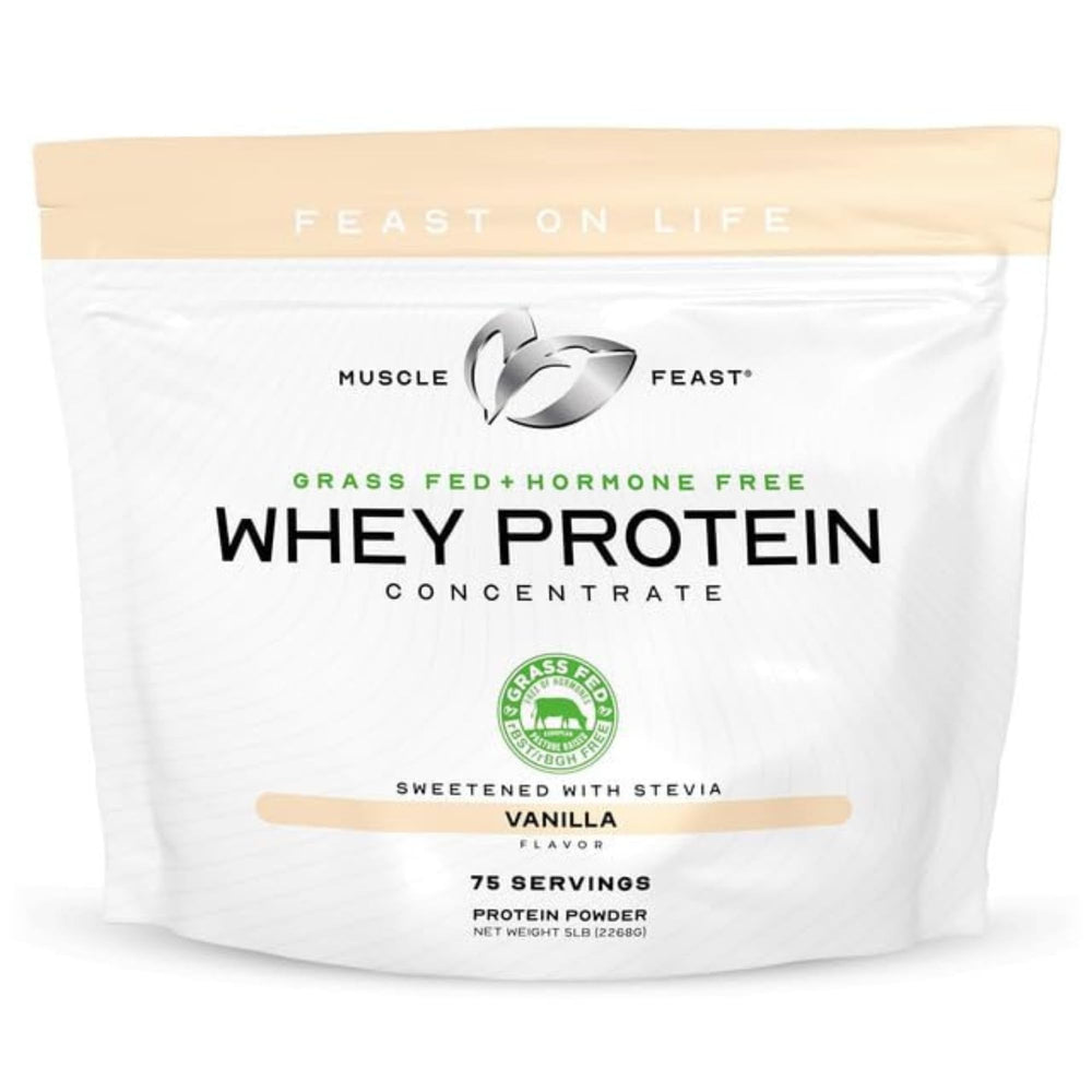 Muscle Feast grass-fed vanilla whey powder for smooth shakes and post-workout fuel