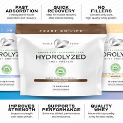 Muscle Feast label close-up featuring grass-fed, hormone-free sourcing