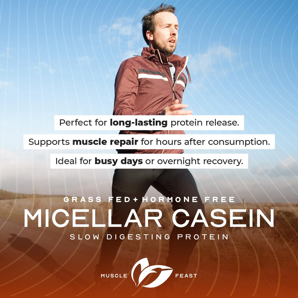 Muscle Feast vanilla casein tub on counter ready-to-mix daily routine