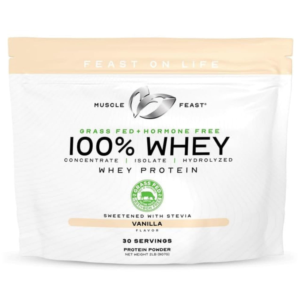 Muscle Feast grass-fed whey tub Vanilla — high-quality protein for daily recovery.