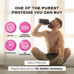 Muscle Feast strawberry cheesecake whey isolate scoop highlights creamy flavor for post-workout