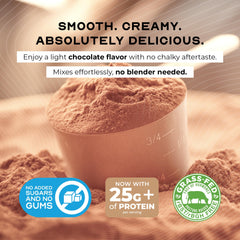Muscle Feast whey isolate tub beside a glass of shake