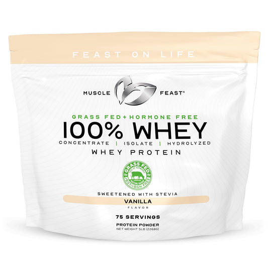 Muscle Feast whey protein bottle pour demonstrates smooth texture for post-workout shakes.
