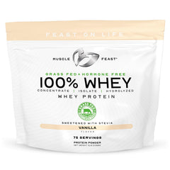 Muscle Feast whey protein bottle pour demonstrates smooth texture for post-workout shakes.