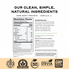 Muscle Feast whey protein label closeup highlights clean, natural ingredients from grass-fed cows.