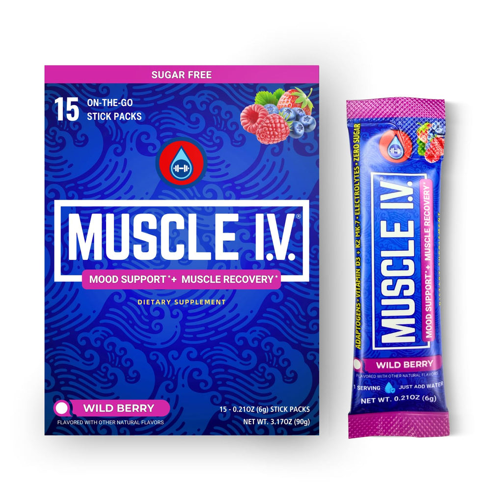 Muscle I.V. Mood Support bottle front conveying calm, balanced hydration