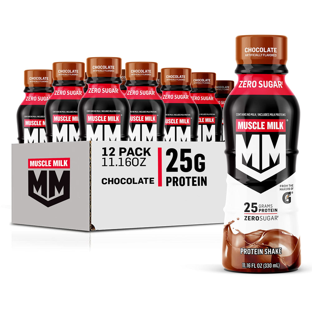Muscle Milk Genuine protein shake chocolate being poured for post-workout boost.