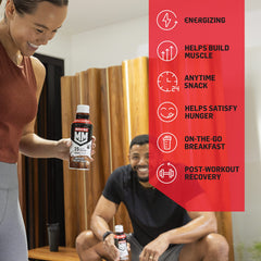 Muscle Milk Genuine nutrition facts image emphasizes fiber and vitamins for balance.