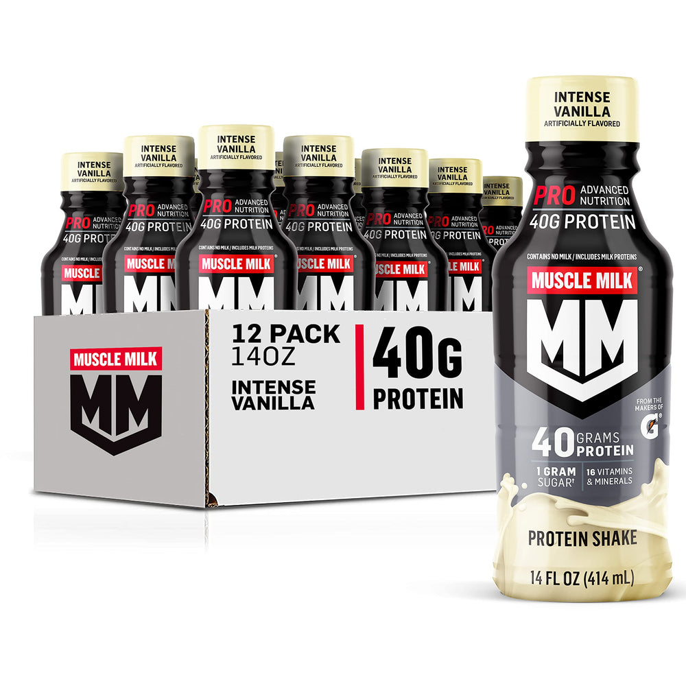 Muscle Milk Pro vanilla bottle showing a 14 oz serving for post-workout fueling