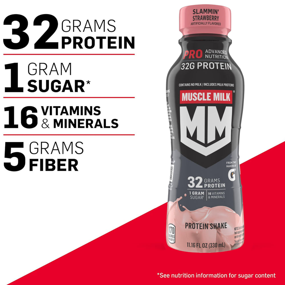 Side-view of Muscle Milk Pro bottle highlighting the nutrition label.