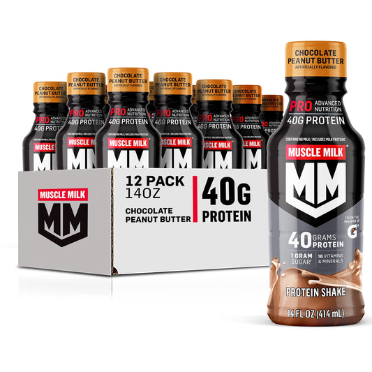 Muscle Milk Pro Series Chocolate Peanut Butter bottle front for on-the-go protein.