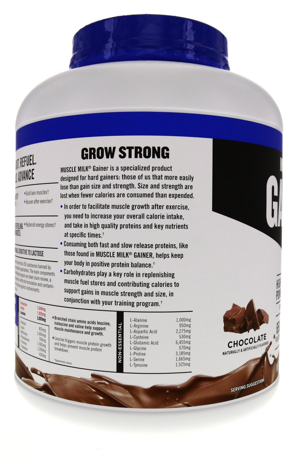 Muscle Milk Pro Series Gainer label notes 32 g protein per four scoops