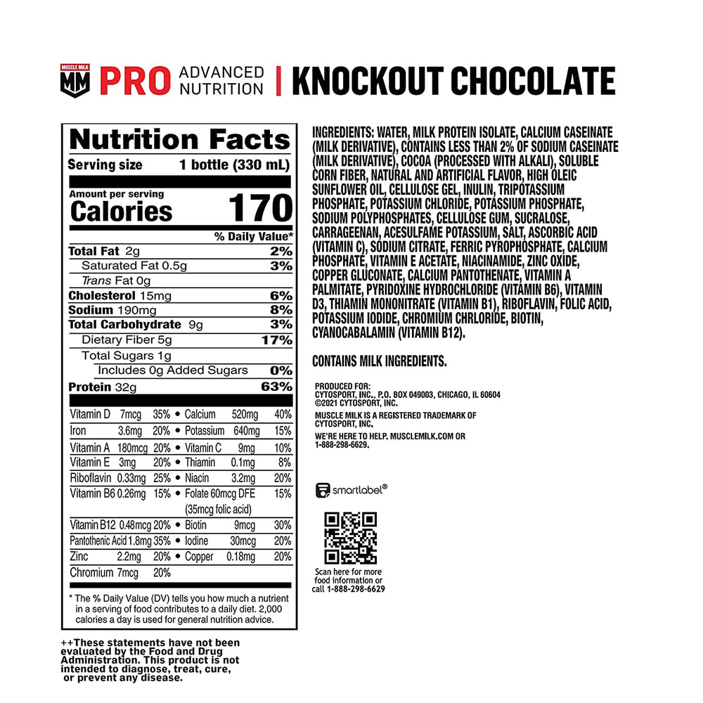 Muscle Milk Pro Series label shows 32g protein per shake.