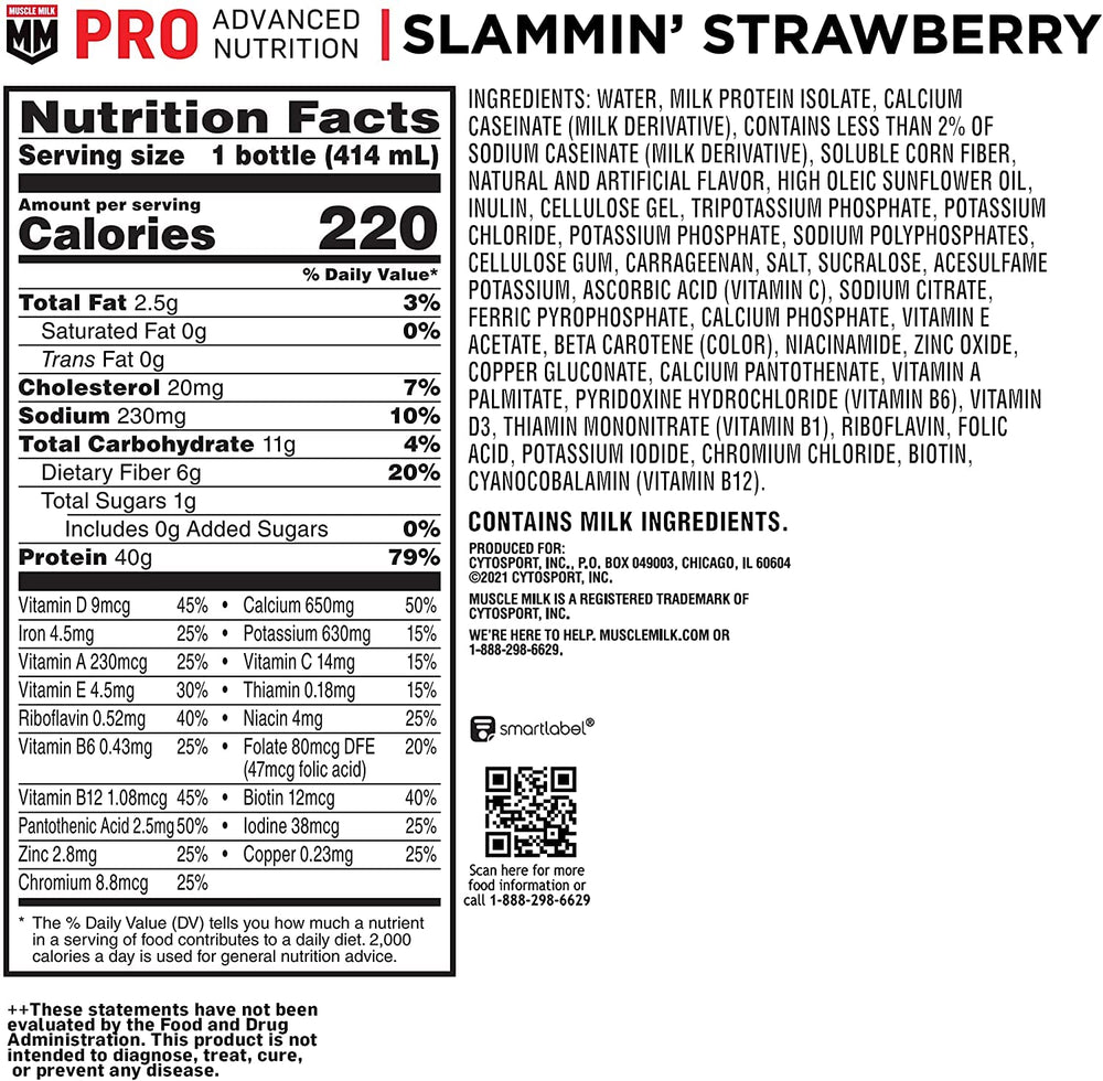 Close-up of Muscle Milk Pro Series Slammin' Strawberry bottle showing the label.