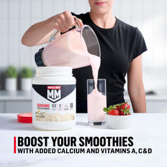 Muscle Milk scoop and canister highlighting flavor and serving size.