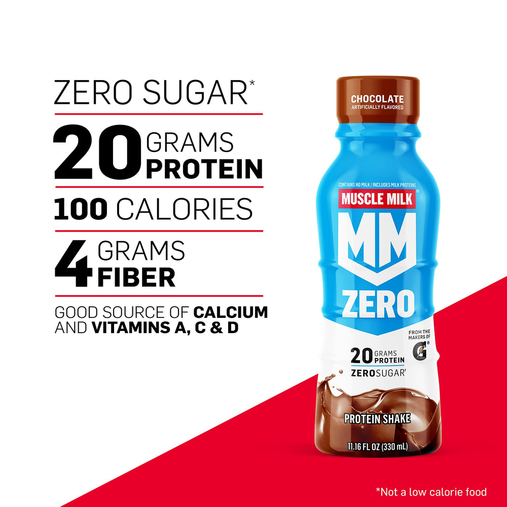 Muscle Milk Zero Chocolate label closeup shows 20 g protein and zero sugar.
