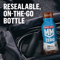 Muscle Milk Zero Chocolate nutrition panel notes fiber and vitamins.