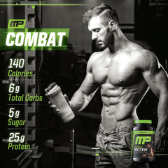 MusclePharm Combat Protein Powder chocolate milk label closeup