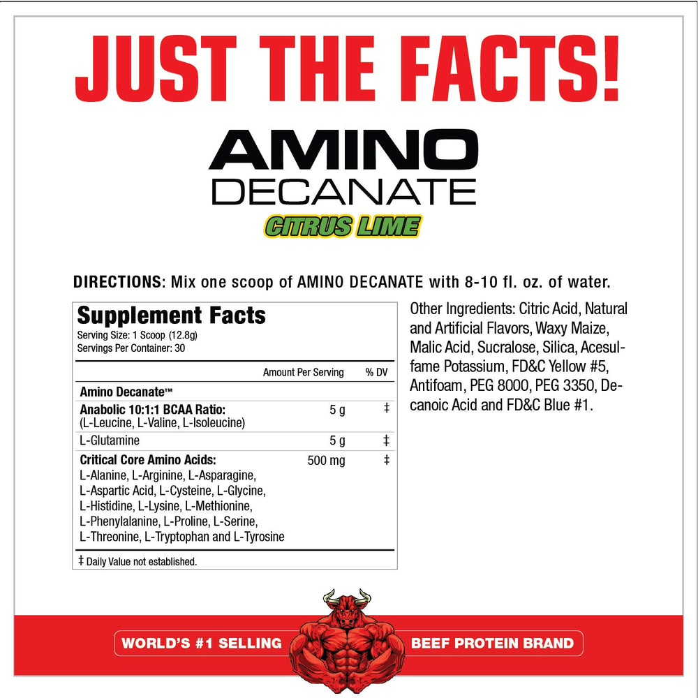 MuscleMeds Amino Decanate powder scoop measuring 5 g portions for serving