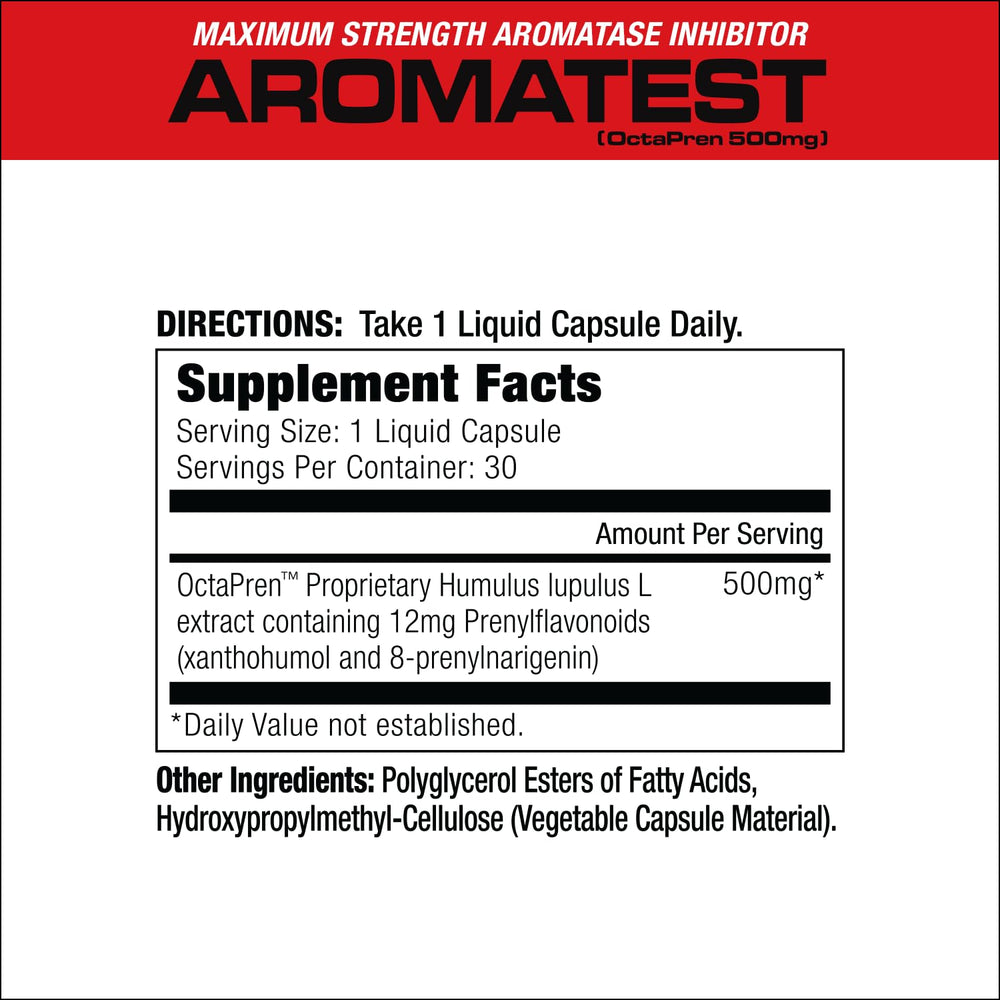 MuscleMeds AROMATEST bottle side showcases compact liquid caps for easy daily use