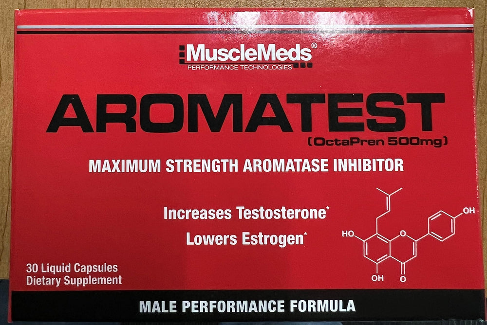 MuscleMeds AROMATEST science-graphic connects aromatase inhibition to potential performance support