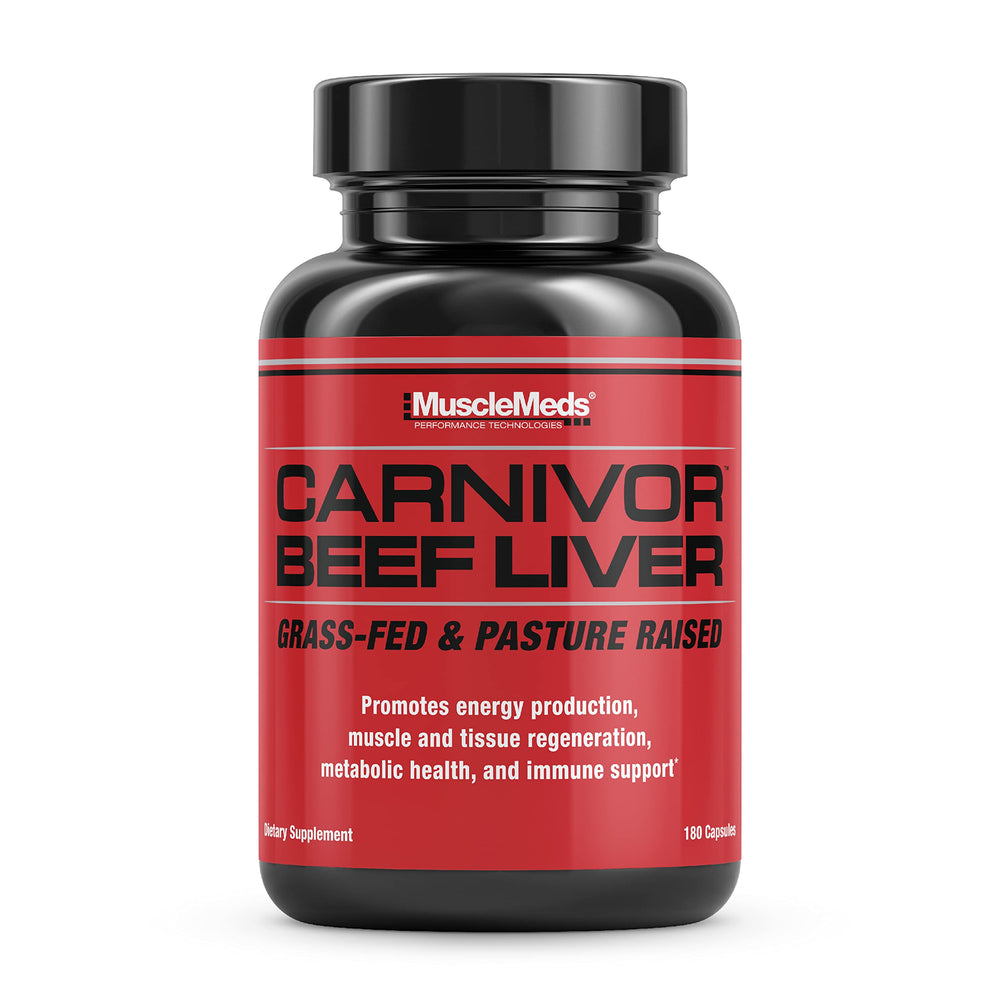 MuscleMeds Carnivor Beef Liver Capsules bottle front view showing grass-fed formula