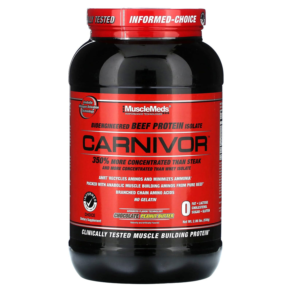 MuscleMeds Carnivor beef protein isolate powder in chocolate peanut butter flavor for high-protein shakes.