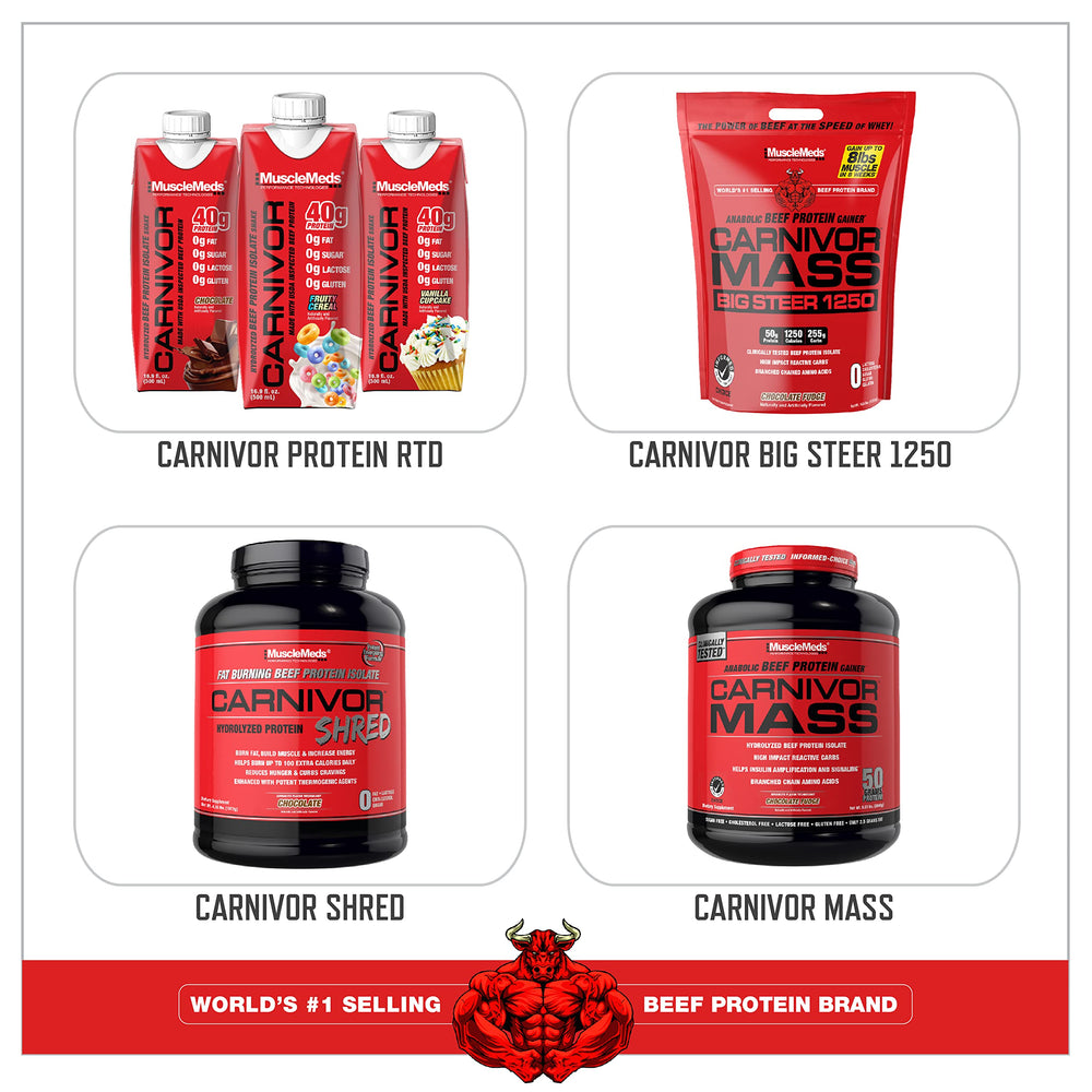 MuscleMeds Carnivor Beef Protein Isolate Fruit Punch tub on shelf with clean label