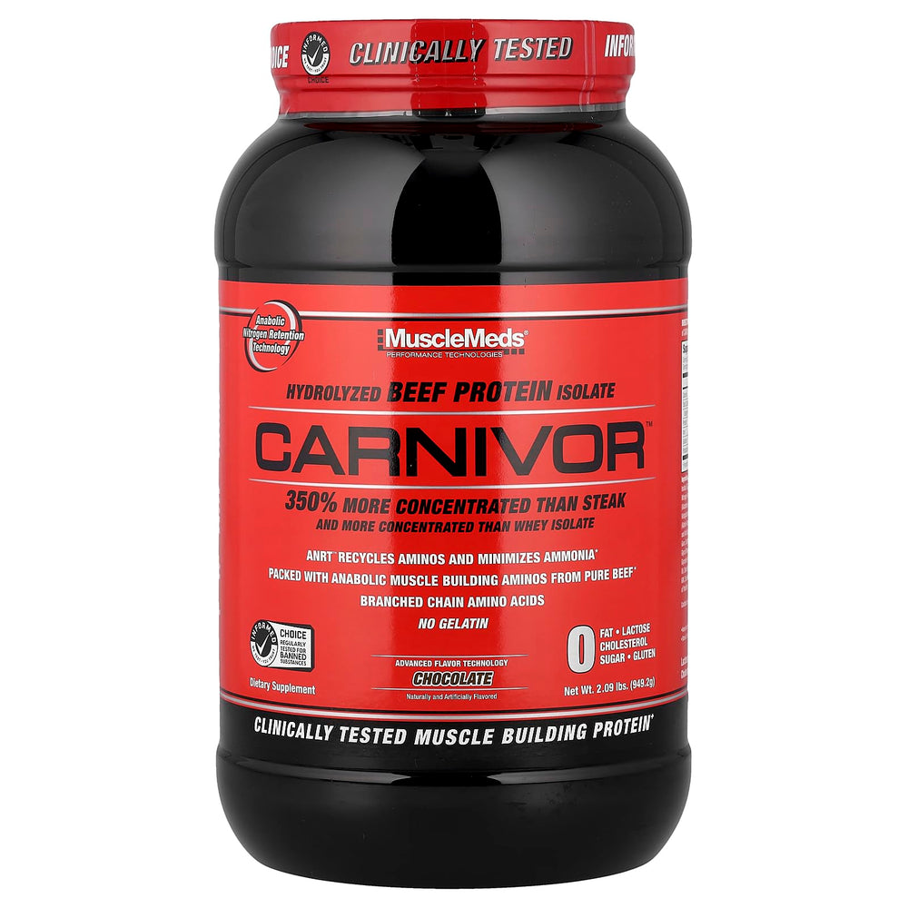 MuscleMeds Carnivor bottle highlighting lactose-free beef protein for muscle support