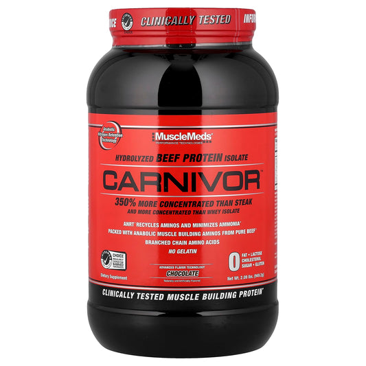 MuscleMeds Carnivor bottle highlighting lactose-free beef protein for muscle support
