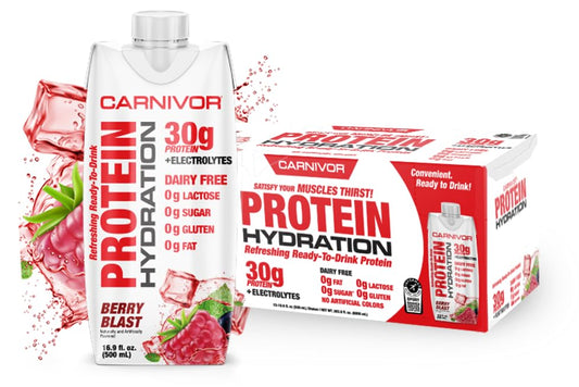 MuscleMeds Carnivor Hydration RTD bottle in Berry Blast flavor ready for workouts.