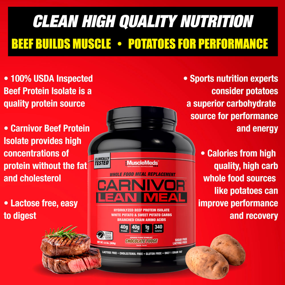 MuscleMeds Carnivor Lean Meal chocolate fudge packaging emphasizing convenient meal replacement.
