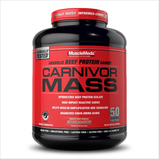 MuscleMeds Carnivor Mass beef protein powder jar for high-protein meals.