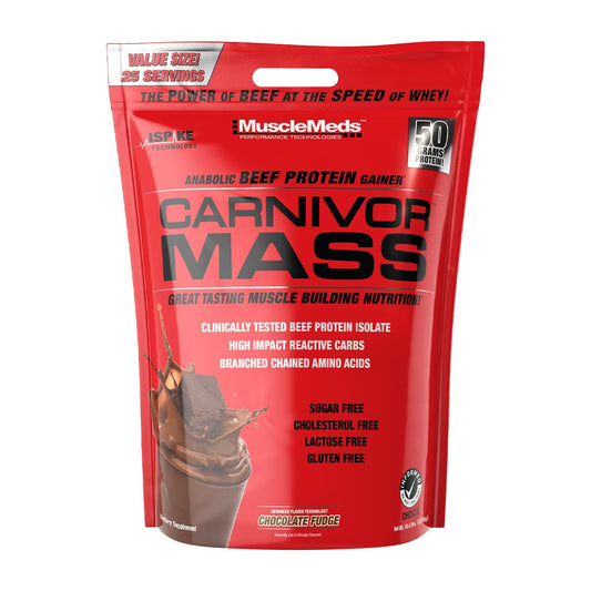MuscleMeds Carnivor Mass chocolate fudge bottle with rich flavor and calorie boost