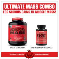 MuscleMeds Carnivor Mass chocolate fudge powder in scoop.