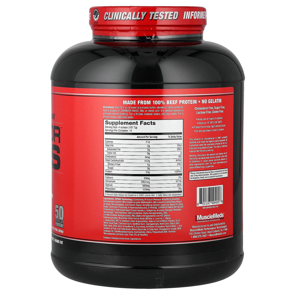 MuscleMeds Carnivor Mass strawberry shake in glass, ideal for post-workout refuel.