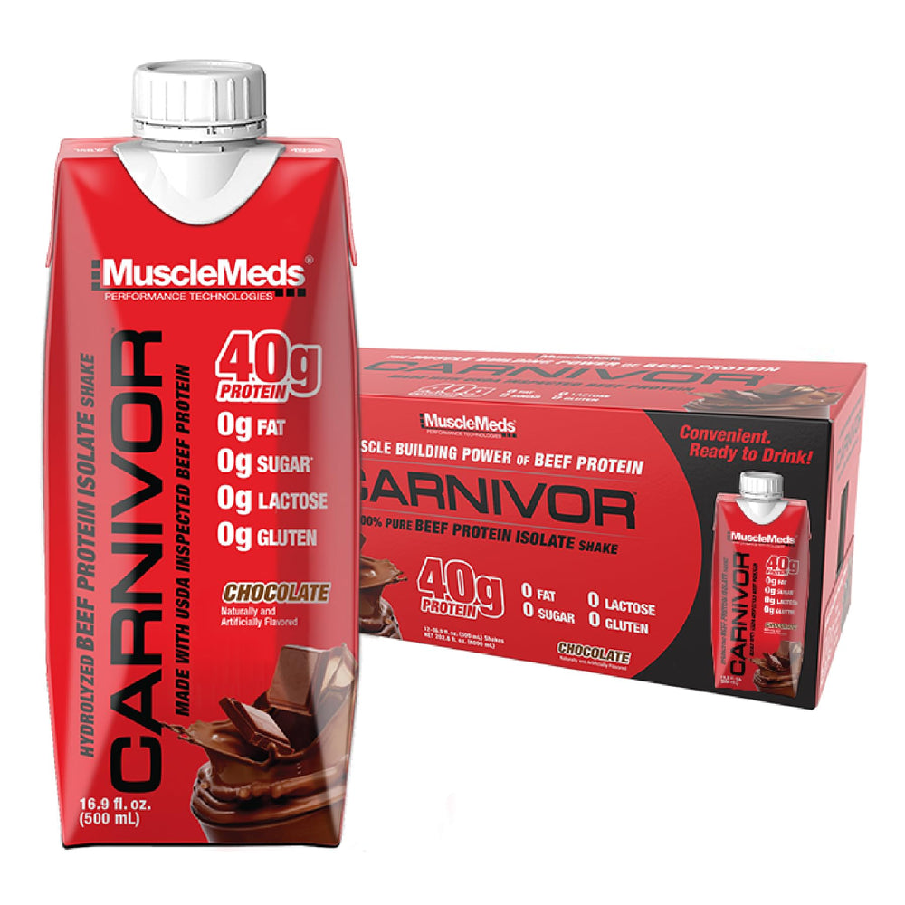 MuscleMeds Carnivor RTD bottle on counter, convenient post-workout protein.