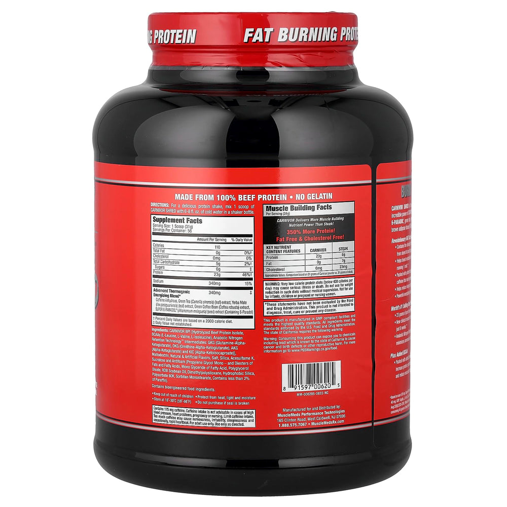 MuscleMeds Carnivor Shred packaging front — high-protein shake for lean muscle support.