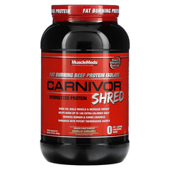 MuscleMeds Carnivor Shred shake being poured, lactose-free beef protein.