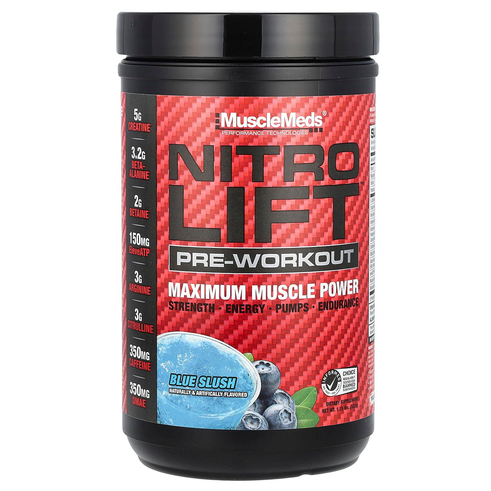 MuscleMeds Nitro Lift bottle front with energy-boosting pre-workout for intense training