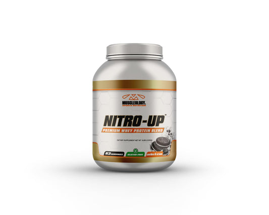 Muscleology Nitro-Up bottle and label showcasing premium protein for workouts